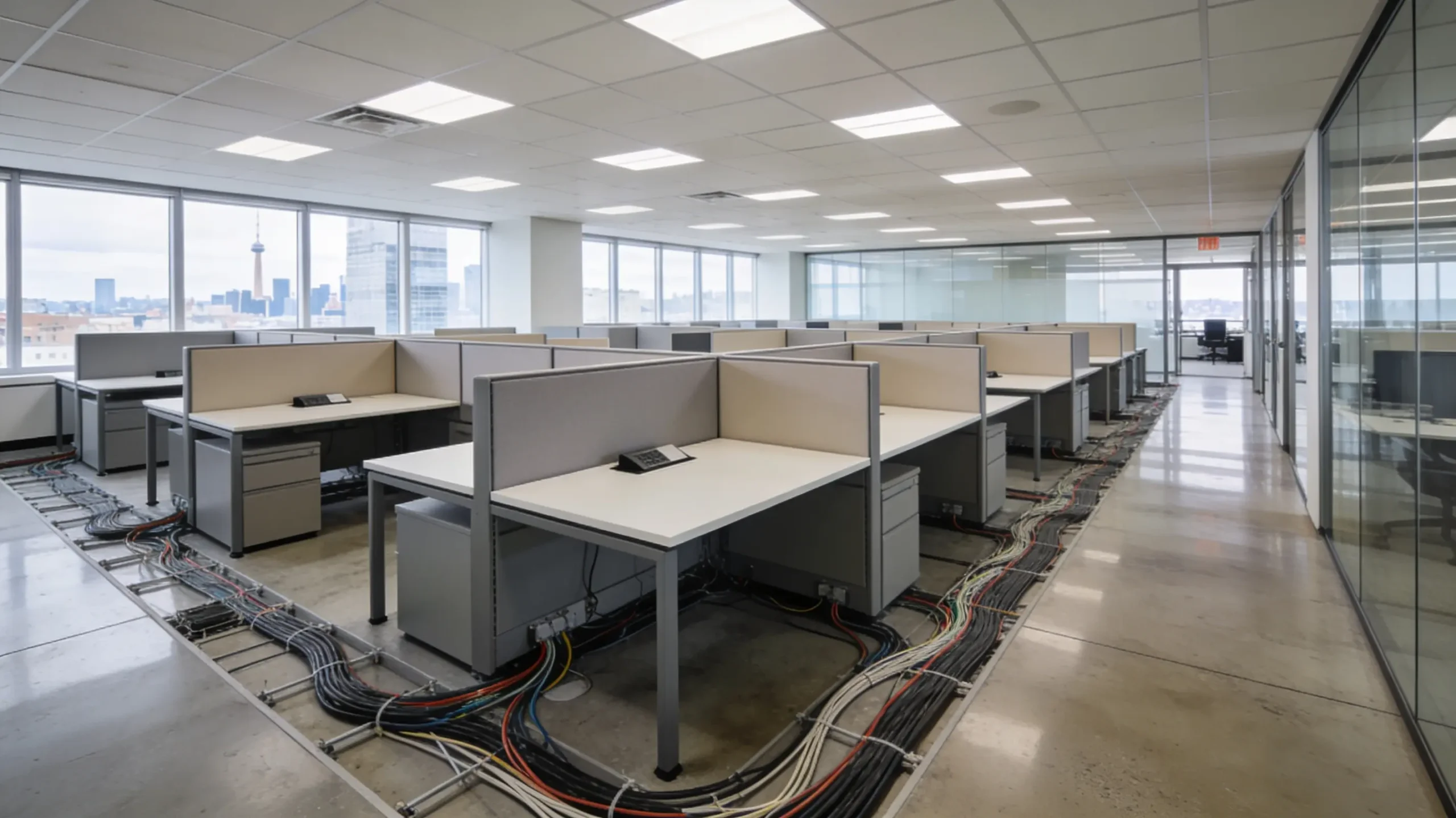 Open office workstation cabling layout