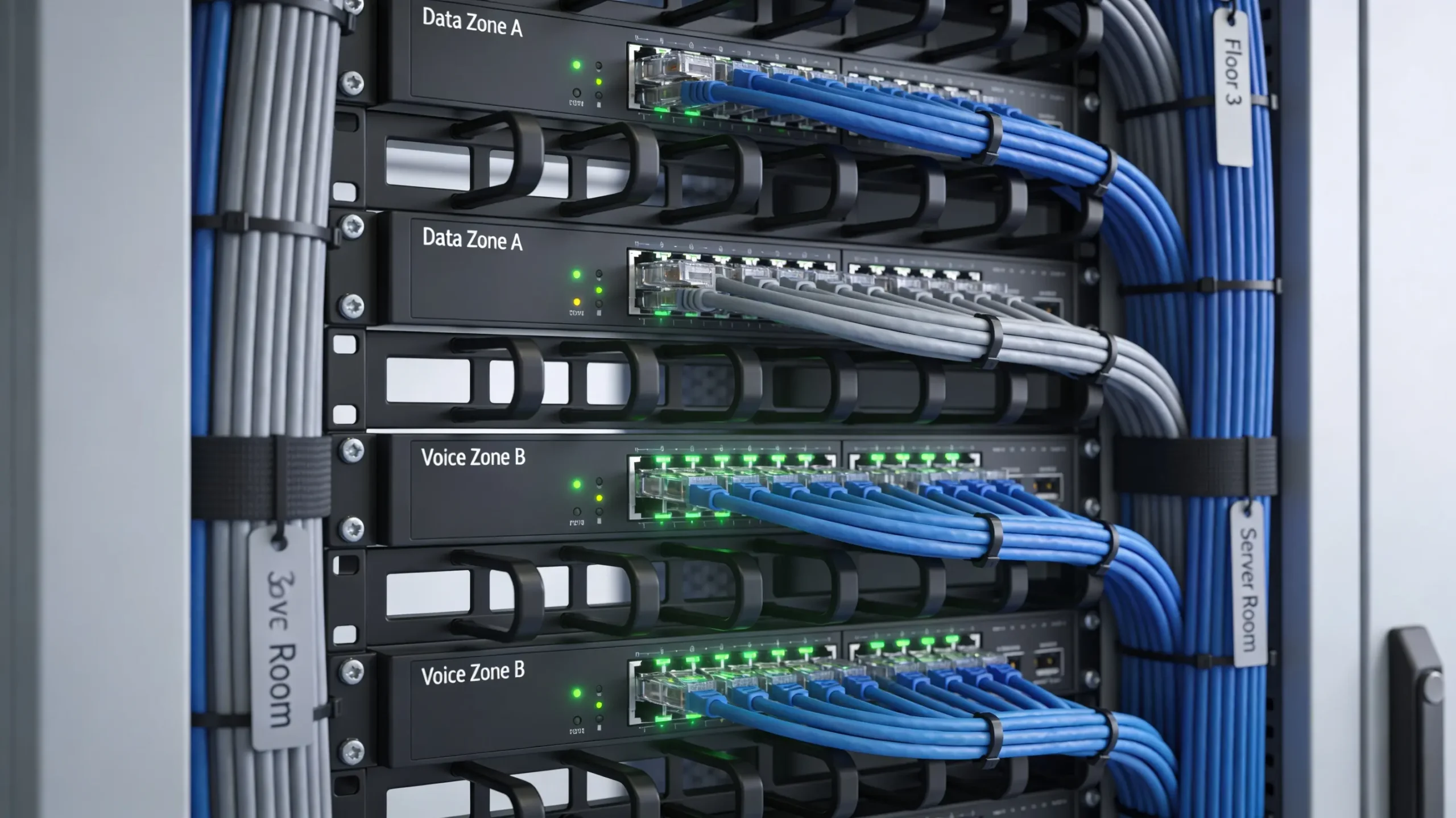 Office IT rack installation with patch panels and cable management