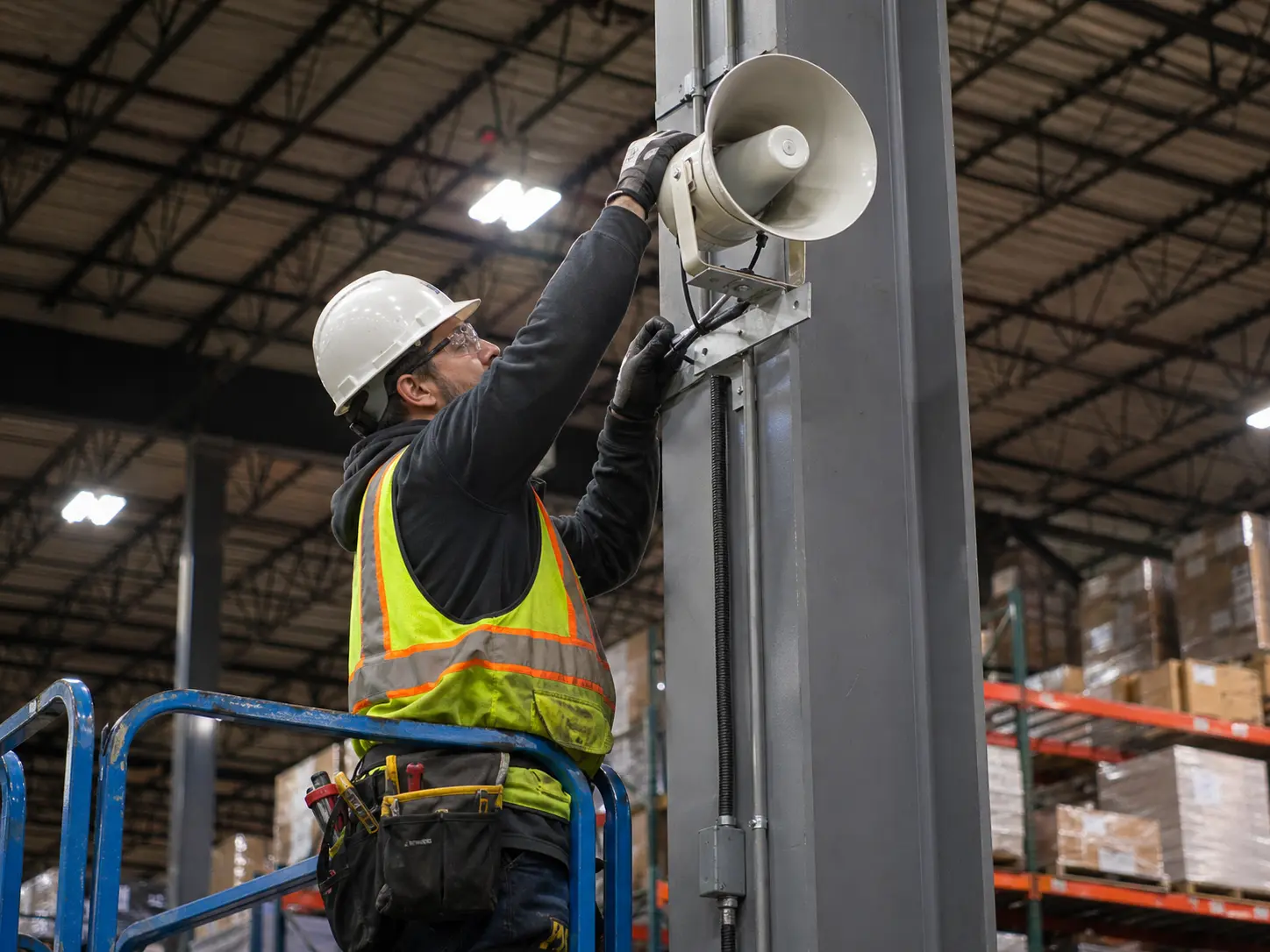 Warehouse paging system installation high-bay horn speakers GTA