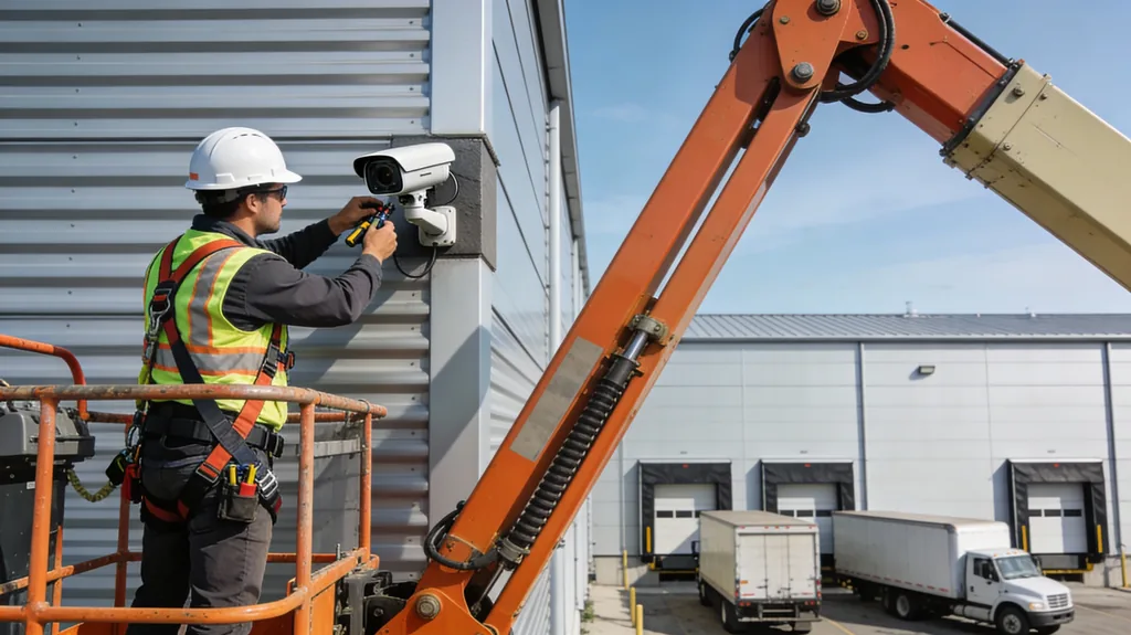 Technician installing a security camera on a warehouse wall using a lift