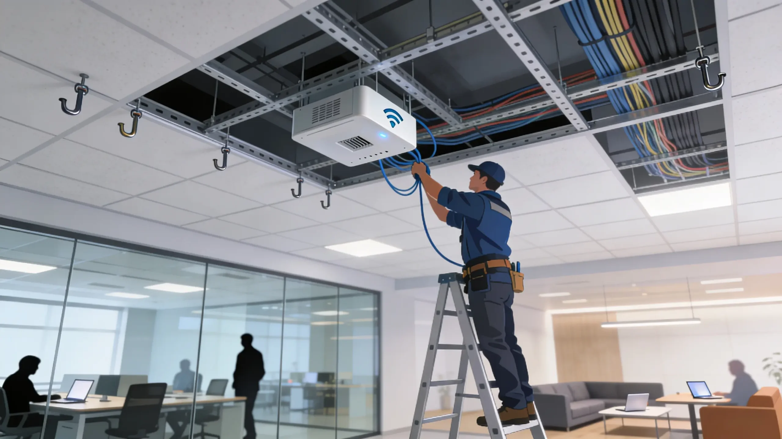 Wireless access point mounted to a commercial office ceiling with Cat6A cabling