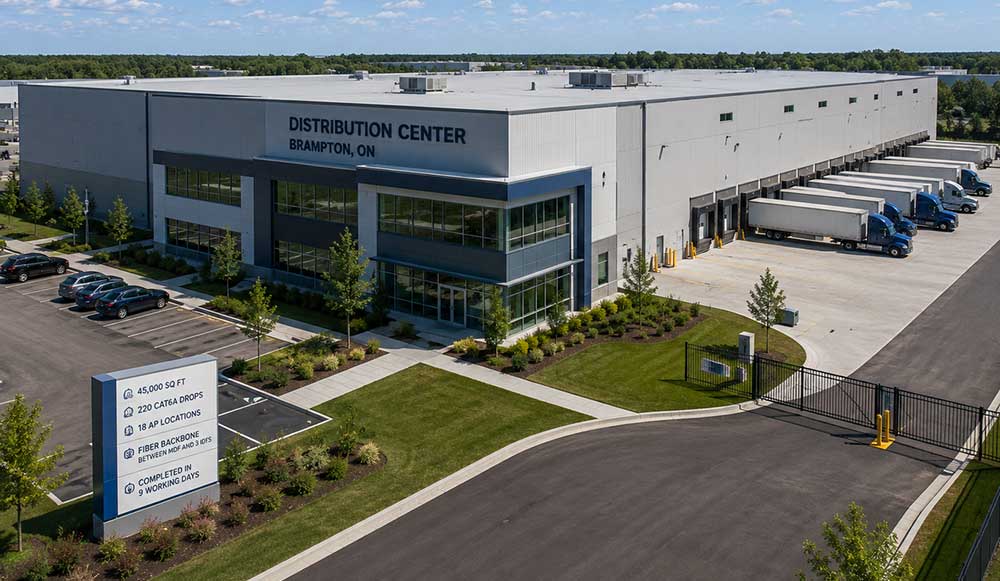 Cat6A warehouse cabling and fiber backbone install at a Brampton distribution center