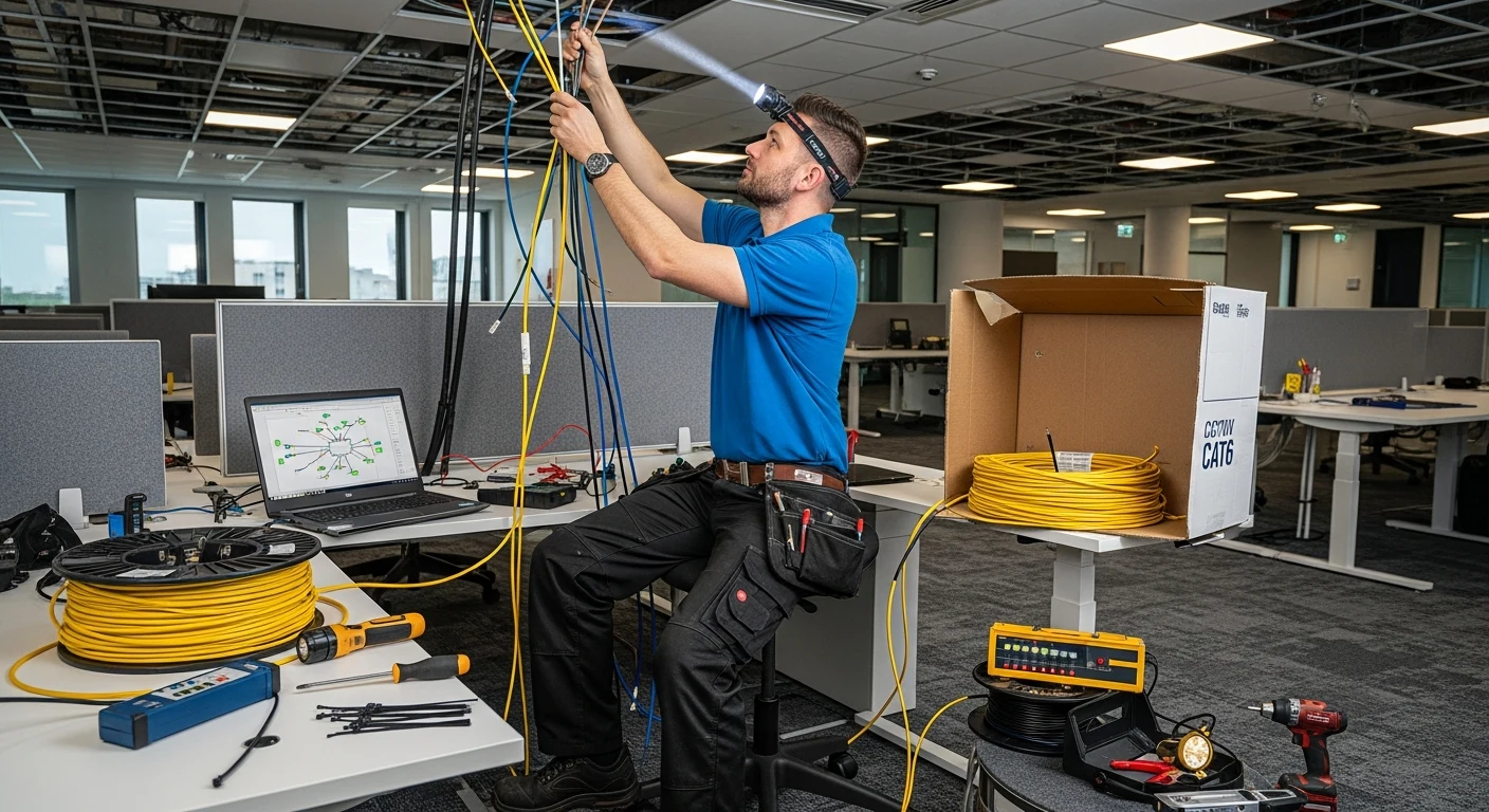 Technician installing cabling with tools and cable spools.