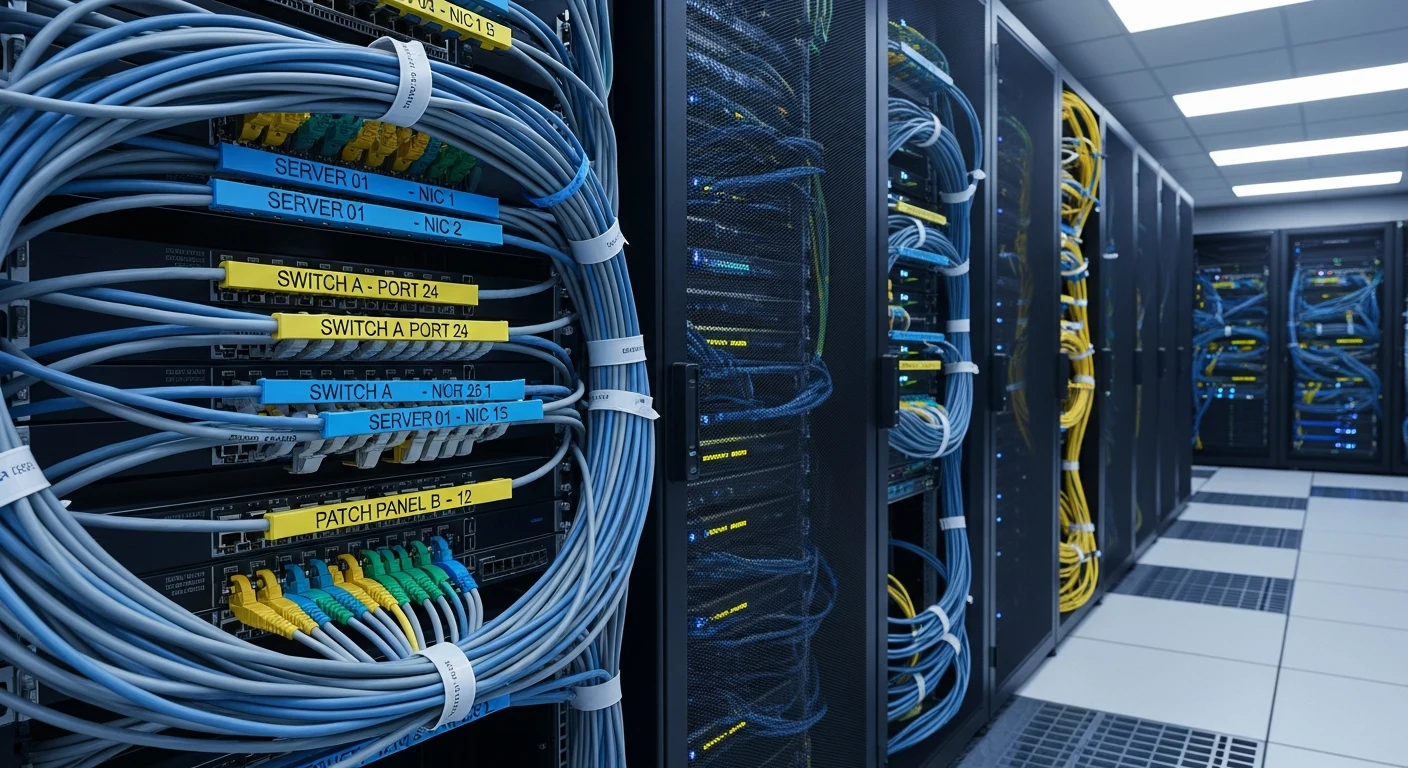 Labeled network cables in a server room.