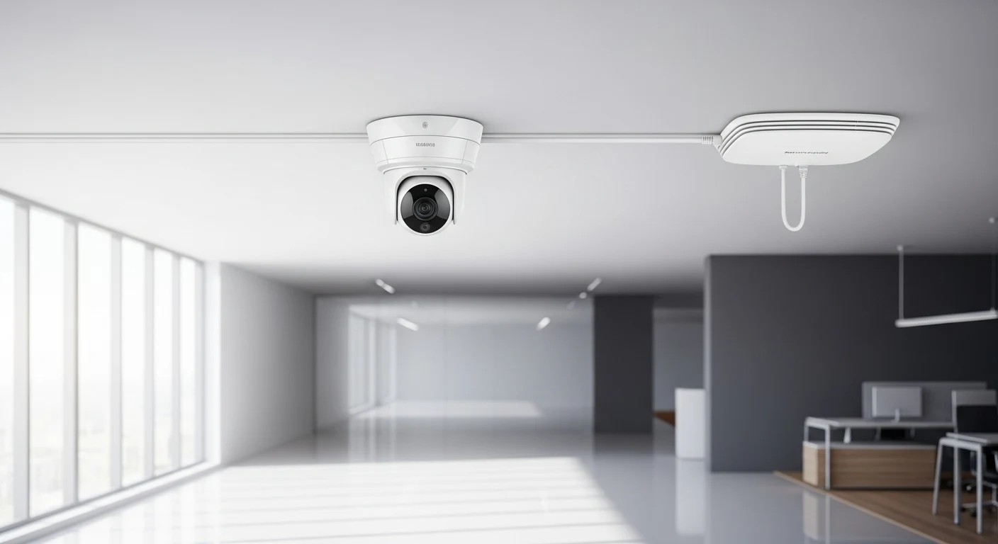 Photoreal white dome IP security camera and a flat ceiling wireless access point in a clean modern office, a single Ethernet cable running to each, bright natural light, professional commercial interior, no text, no logos.