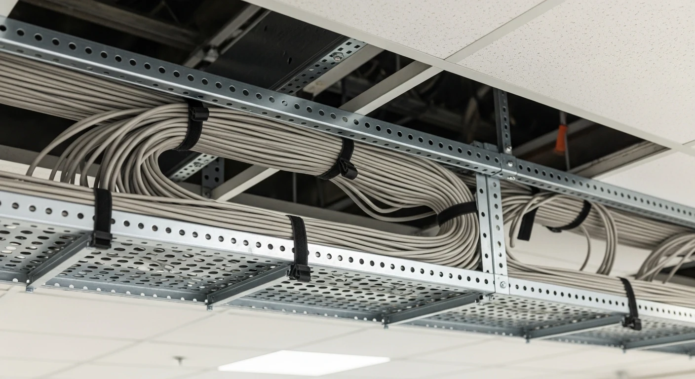 Photoreal bundle of twisted-pair Ethernet cables routed through a metal cable tray above a drop ceiling, cables neatly combed and tied off, industrial commercial setting, even diffused lighting, no text, no logos.