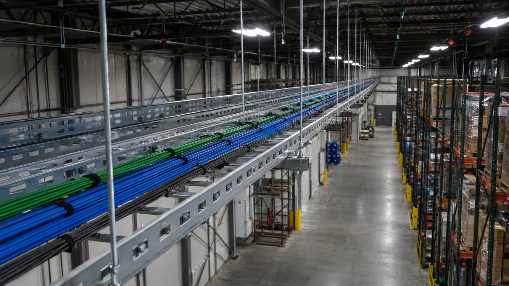Ladder cable tray with dressed structured cabling above a warehouse aisle in the GTA